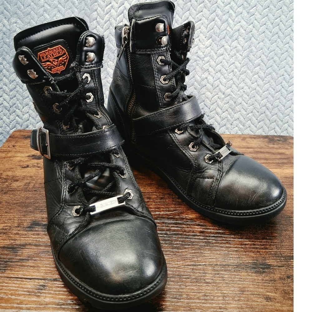 Milwaukee Leather MBL9325 Womens Black Leather Motorcycle Boots Size 9.5